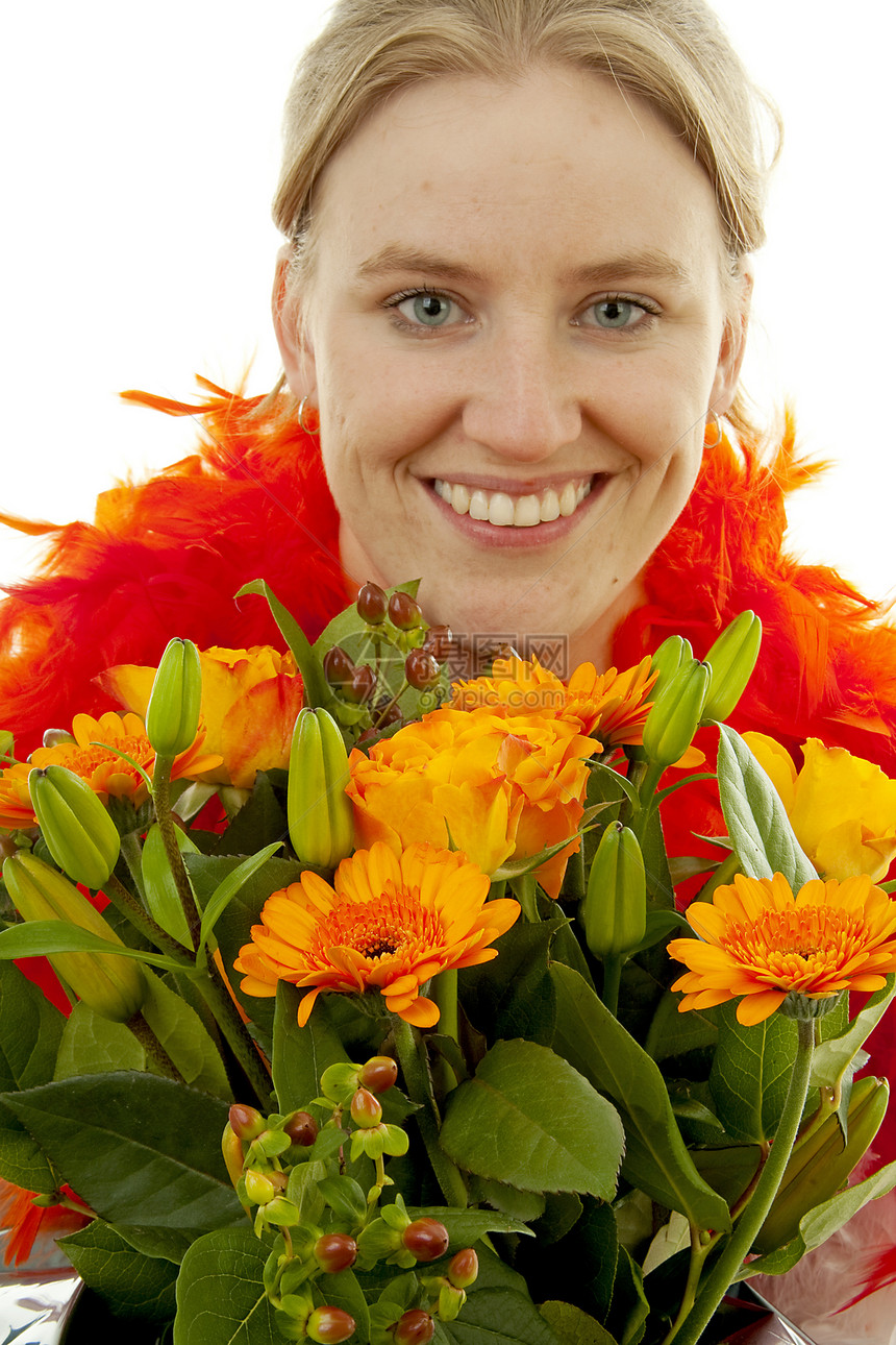 含橙花的妇女花朵妈妈们花束足球橙子生日图片
