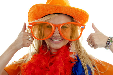 荷兰女足球迷眼镜女士金发女郎橙子游戏足球支持者配饰竞赛锦标赛背景图片