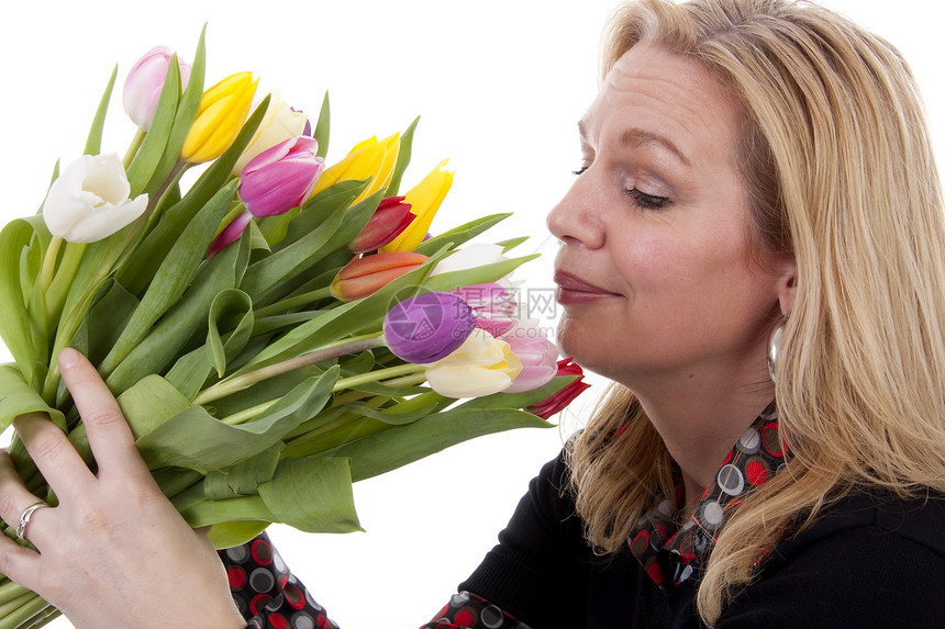 拥有荷兰郁金花的妇女花朵生日郁金香妈妈们图片