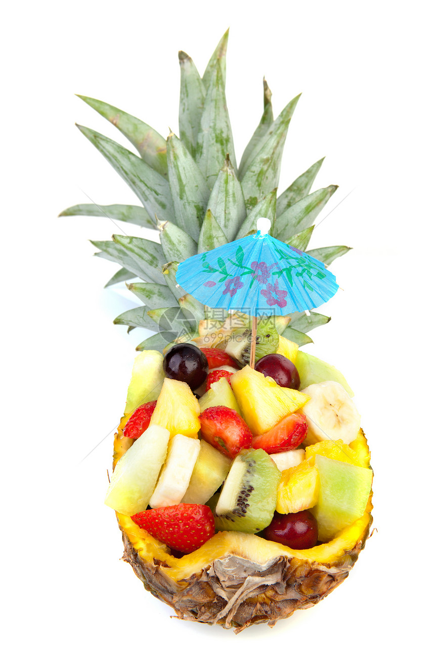 充满新鲜夏季水果的菠萝沙漠食物树叶香蕉热带立方体图片