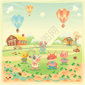 小鸡拿气球农村的婴儿养殖动物植物蜗牛狐狸小猪国家插图老鼠牛棚卡通片气球插画