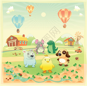 小鸡拿气球农村的婴儿养殖动物气球太阳车辆作品小路谷仓国家植物爬虫家庭插画