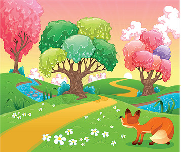 福克斯在木头天空农村全景森林卡通片花园漫画寓言树林衬套背景图片