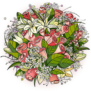 玫瑰百合玫瑰和莉莉花团插图白色粉色植物绿色花店红色圆圈花园叶子绘画插画