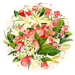 粉色白色百合玫瑰和莉莉花团插图花园叶子植物绘画百合绿色花店圆圈装饰花束插画