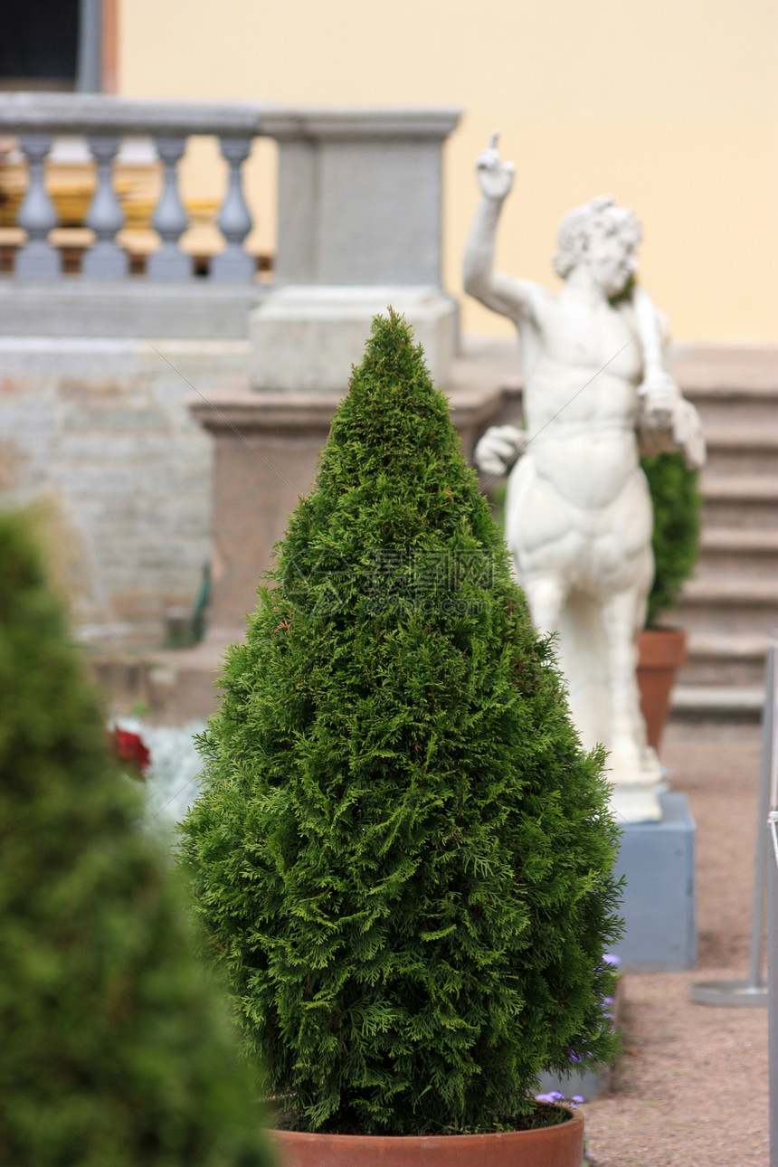 装饰性树在雕像和木棚的中间图片