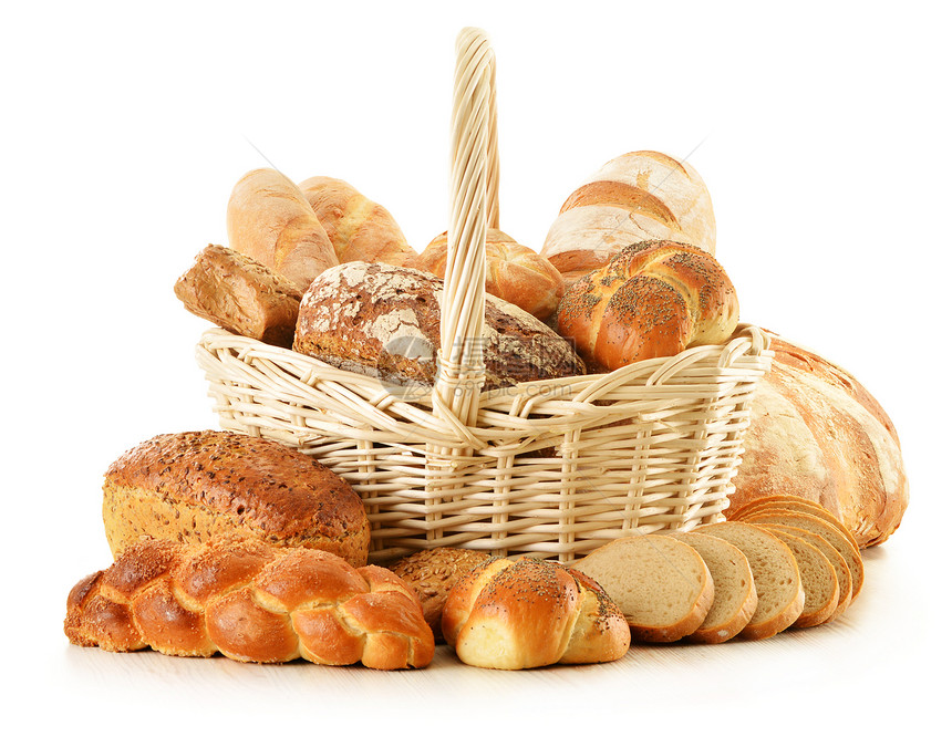 面包和卷饼的构成 白纸上隔绝消费者传统燕麦购物食物农业糕点种子篮子早餐图片