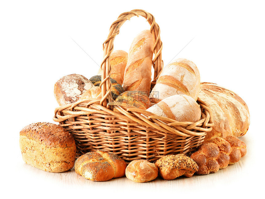 面包和卷轴篮子中的面包和卷滚早餐大麦糕点农业面粉燕麦粮食柳条购物向日葵图片