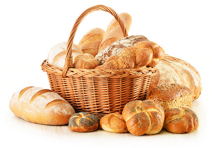 篮子面包面包和卷轴篮子中的面包和卷滚包子种子农业燕麦面粉向日葵产品糕点食物消费者背景