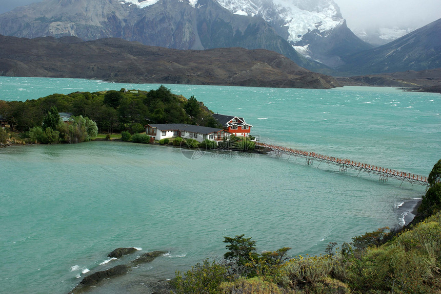 智利湖湖风景全景顶峰荒野房子建筑学图片