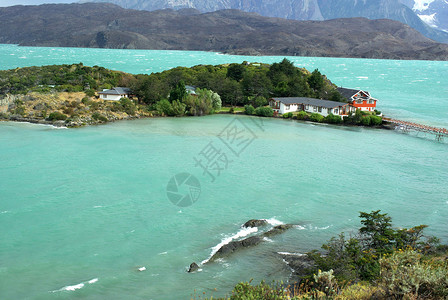 智利湖湖顶峰荒野全景风景建筑学房子高清图片