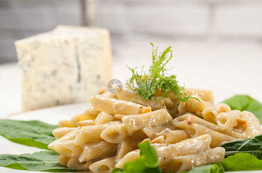 意大利通心粉戈贡佐拉和松子菠菜食物小麦硬粒松树干酪桌子美食羊乳奶油图片