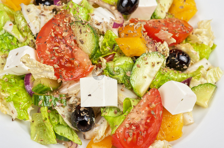 希腊沙拉盘子叶子胡椒洋葱美食午餐蔬菜山羊食物黄瓜图片