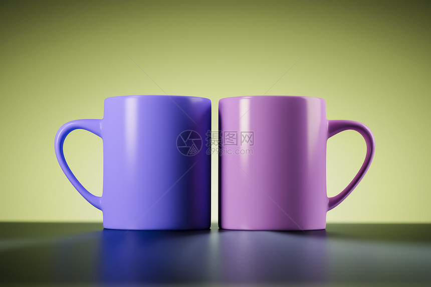 两个咖啡杯早餐餐具紫色插图阴影咖啡店杯子蓝色陶瓷反射图片
