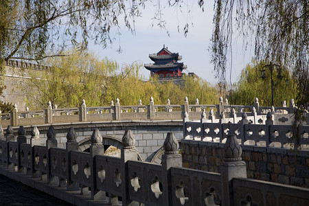 中国山东省Qufu市城墙塔背景图片