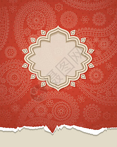 印度框架卡片标签插图红色漩涡蕾丝古董背景图片