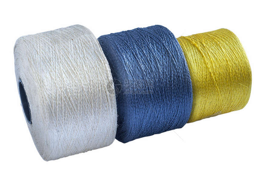 彩色丝绸线条卷在圆圈上纺织品养蚕业细绳筒管材料白色螺旋蓝色织物宏观图片