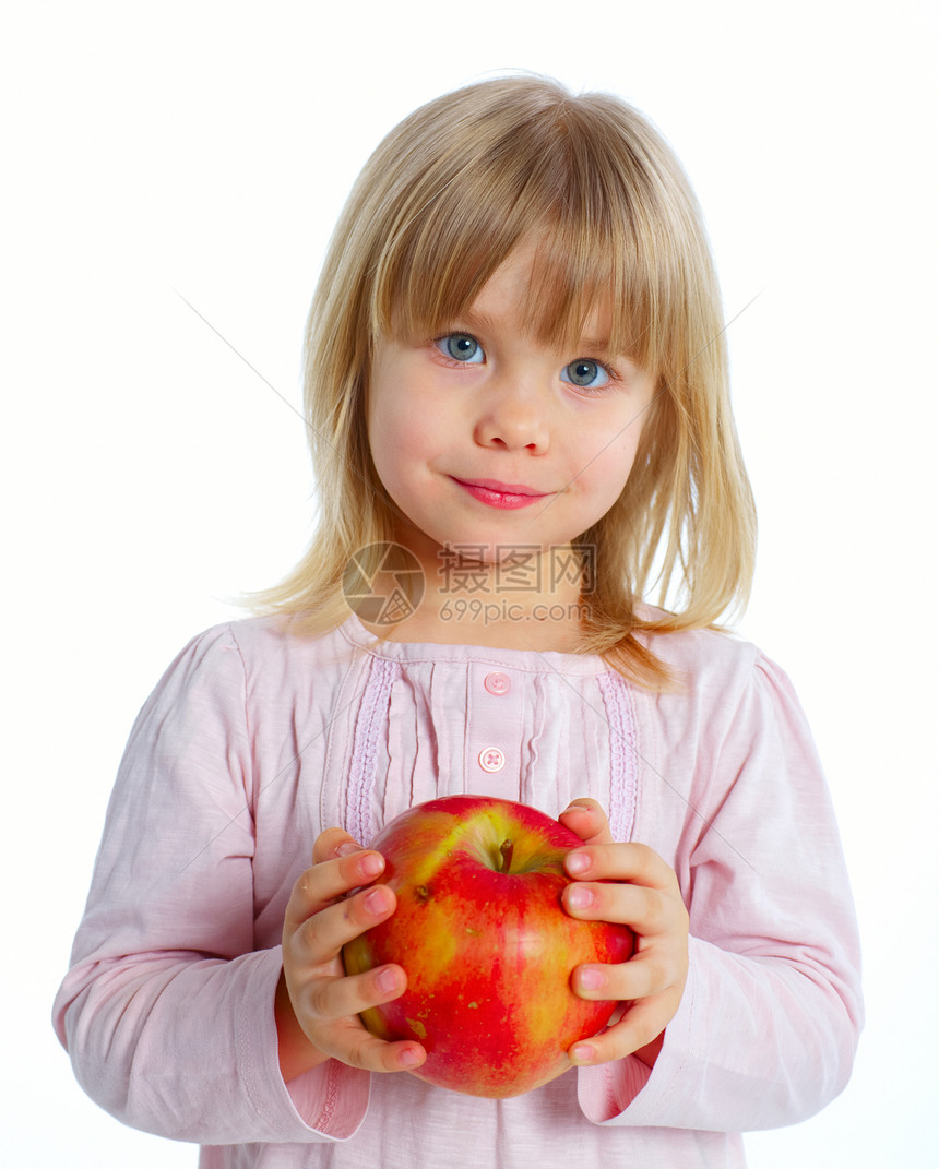 带苹果的年轻女孩美丽喜悦乐趣头发生产食物微笑女性幸福快乐图片