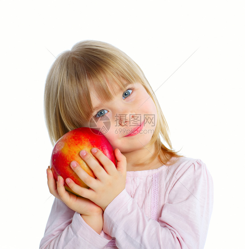 带苹果的年轻女孩乐趣环境活力婴儿生产幸福食物微笑喜悦头发图片