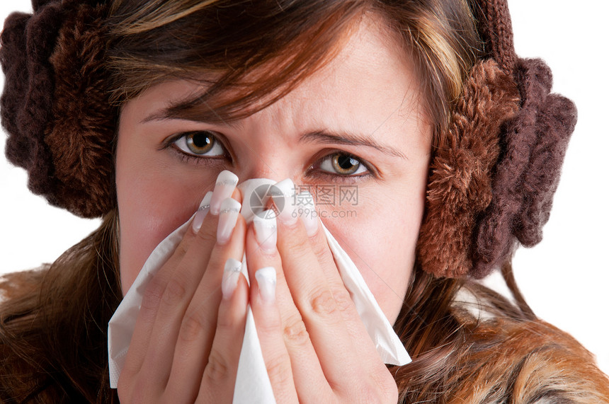 患病妇女打喷嚏症状卫生喷嚏咳嗽传染性女士疾病鼻子病菌发烧图片