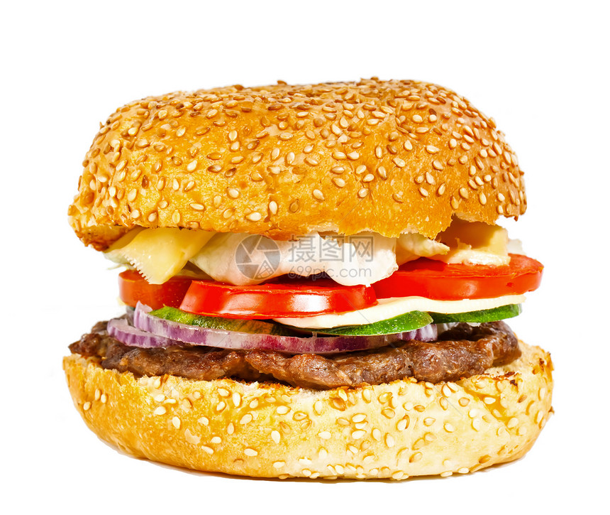 牛肉汉堡 与蔬菜隔离在白色上图片