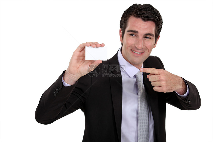 男人指着名片身份会议管理人员套装公司职员空白展示手势销售量图片