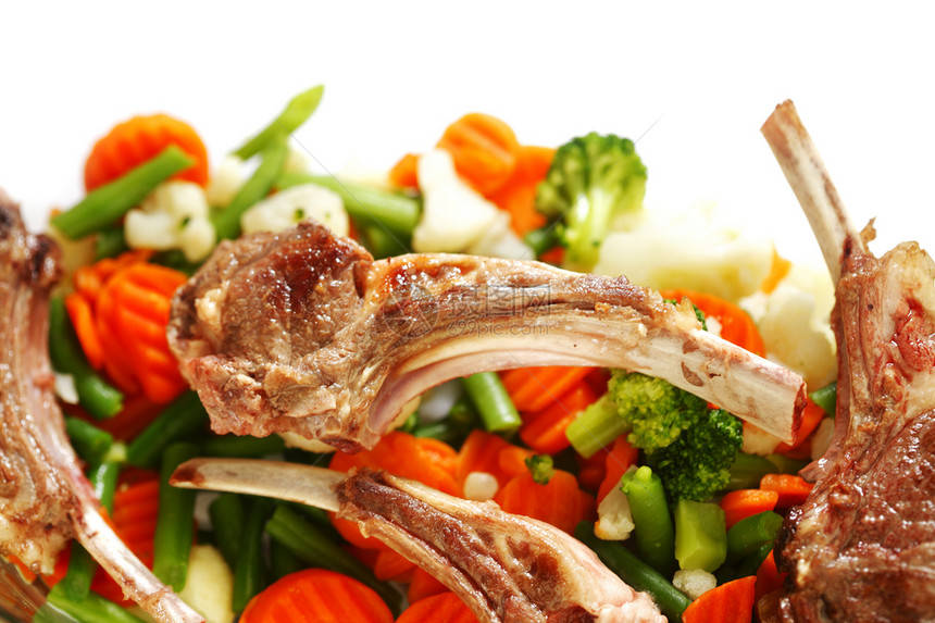 烤肋骨和蔬菜菜花烧烤午餐美味腰部营养羊肉餐厅季豆食物图片