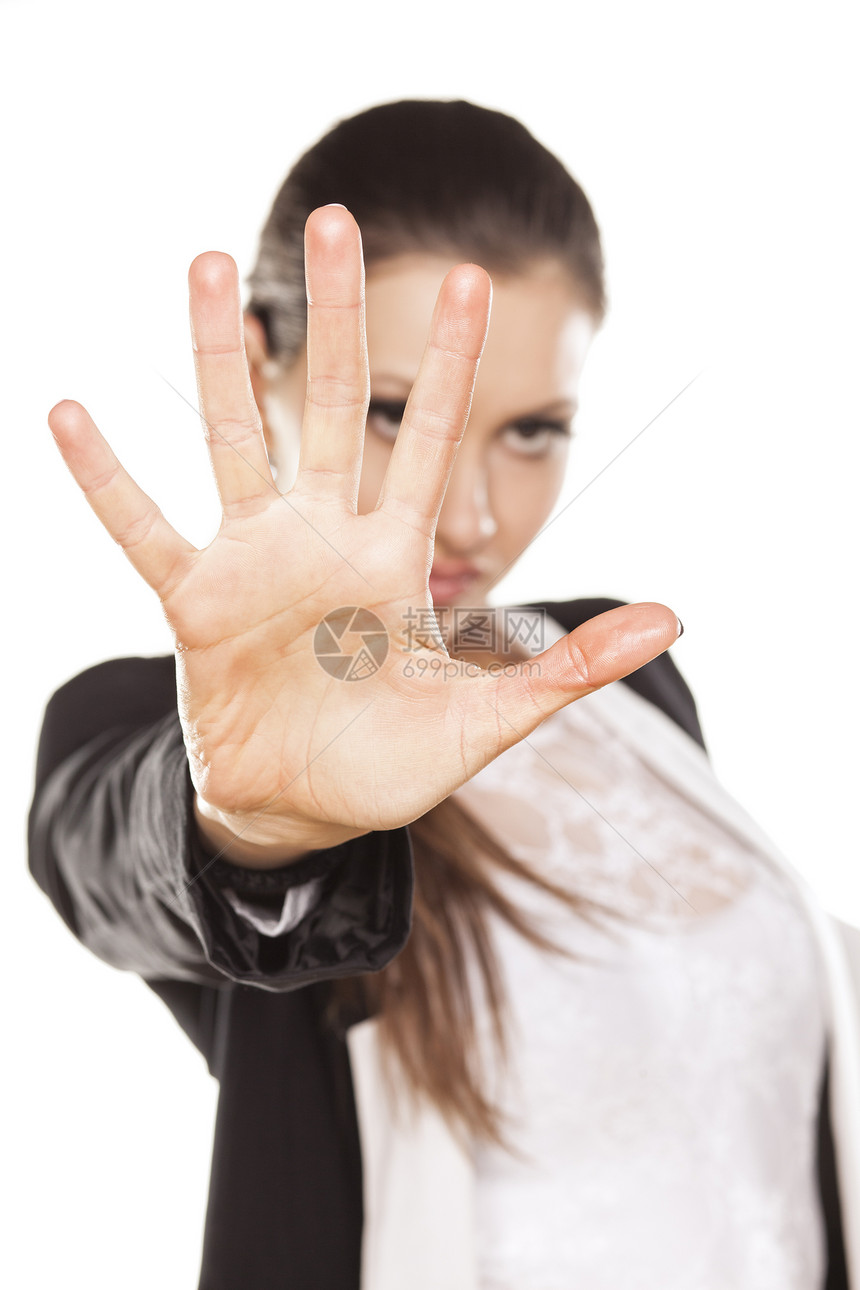 停在这前景女士商业警告黑发女性工人情感成人手势图片