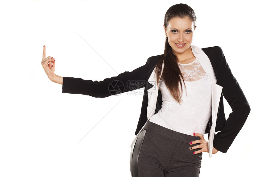 女孩 显示一个空白女性公司生意人头发手指学生女士广告商业手臂图片