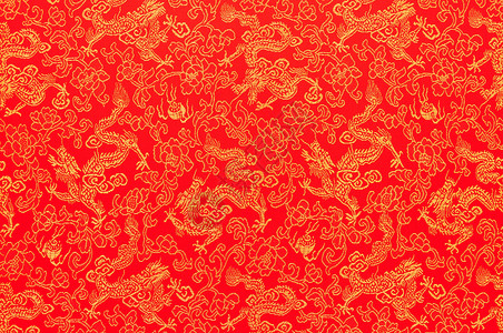 红中国丝绸碎片 金龙和鲜花纺织品红色装饰品文化材料风格织物装饰背景图片