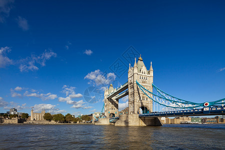 英国伦敦著名的塔大桥旅行游客王国纪念碑建筑学地标蓝色首都花岗岩运输背景图片