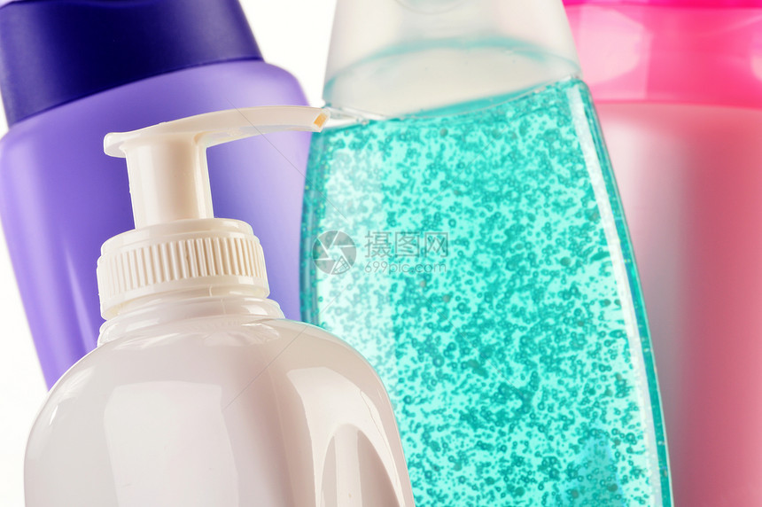 身体护理和美容产品的塑料瓶及头发治疗塑料洗剂淋浴收藏洗发水蓝色凝胶瓶子图片