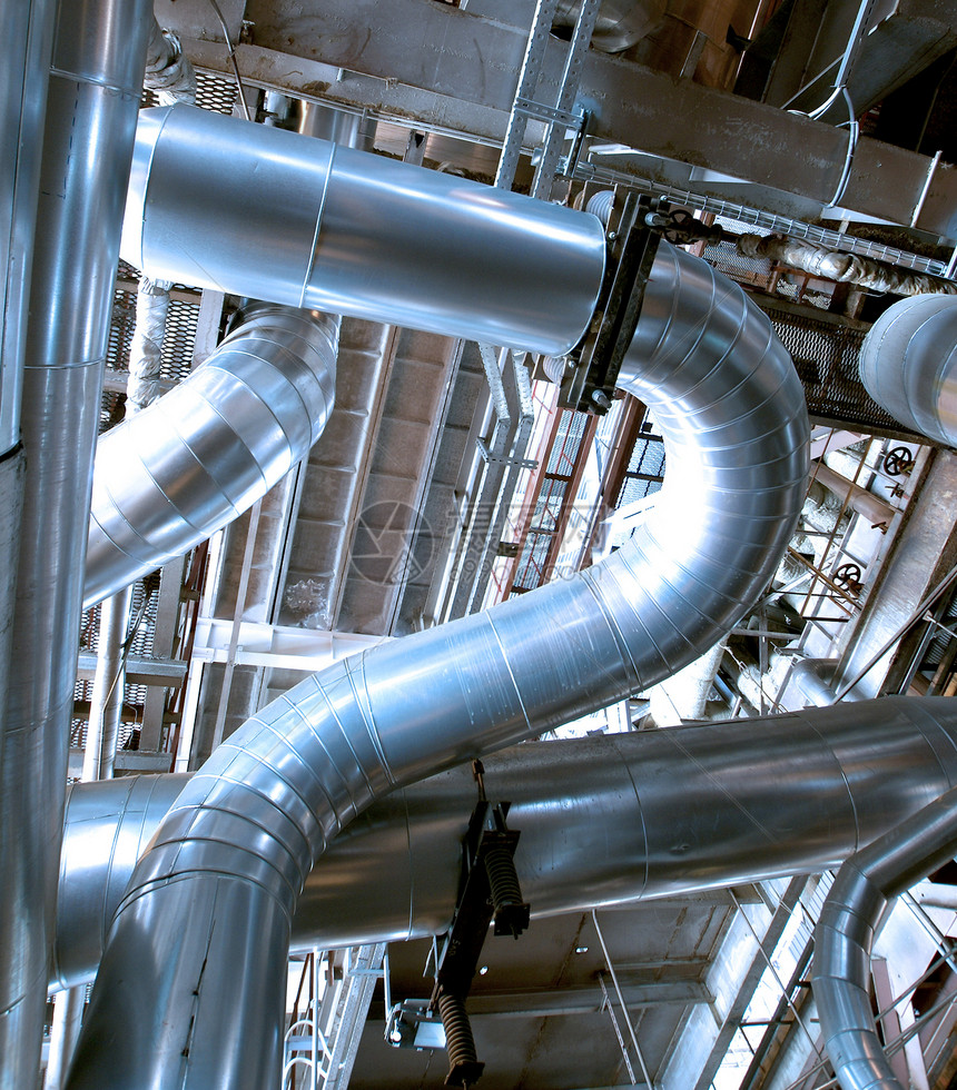 工业电源内部的设备 电缆和管道阀门金属工程师燃料化学品蓝色气体工作圆柱绝缘图片