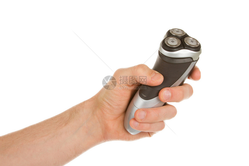 手握电动剃须刀力量卫生男性刮胡子男人按钮脸颊金属技术化妆品图片