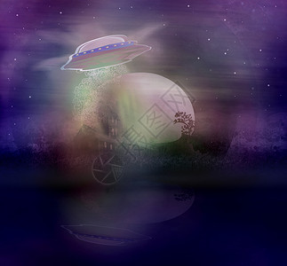 飞碟和外星人浮游在风景中的UFO金属飞行飞碟飞船房子树木山脉外星人蓝色小说背景