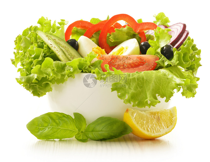 白色隔离的蔬菜沙拉碗食物胡椒香菜盘子香料黄瓜厨房柠檬餐厅饮食图片