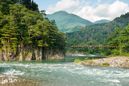 日本风景溪流山脉蓝色天蓝色松树石头日落急流远景荒野背景图片