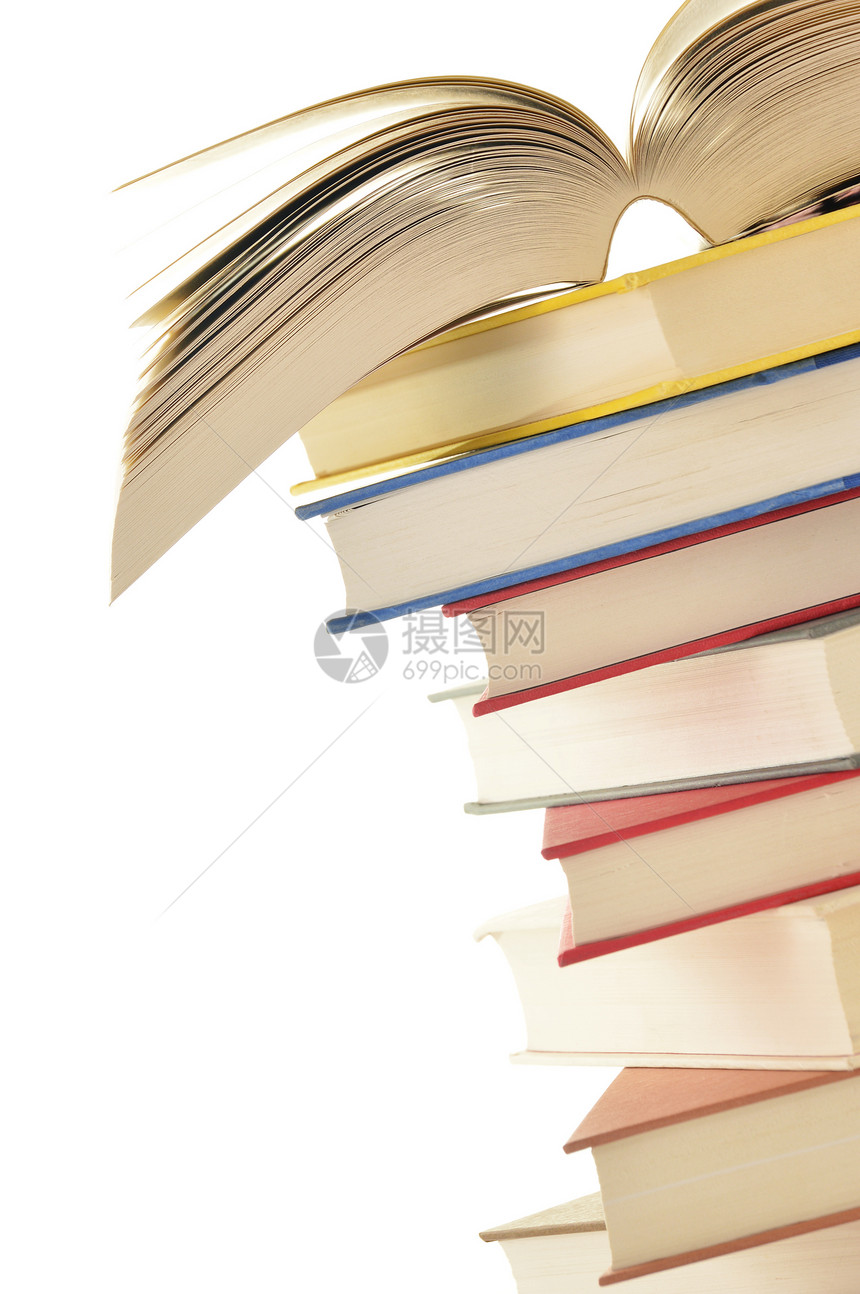 白色背景上孤立的书堆堆教育哲学知识精装字典阅读学习科学学校图片