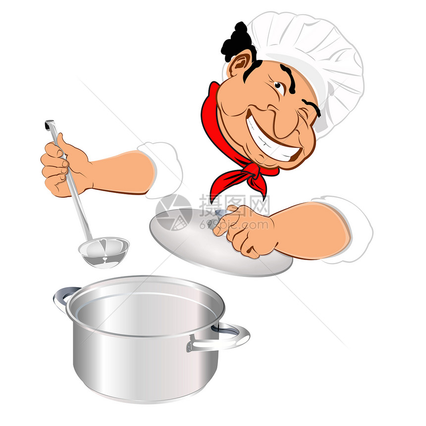 美食厨师送来最好的传统食物插图服务商业菜单厨房盘子用餐勺子平底锅老板图片