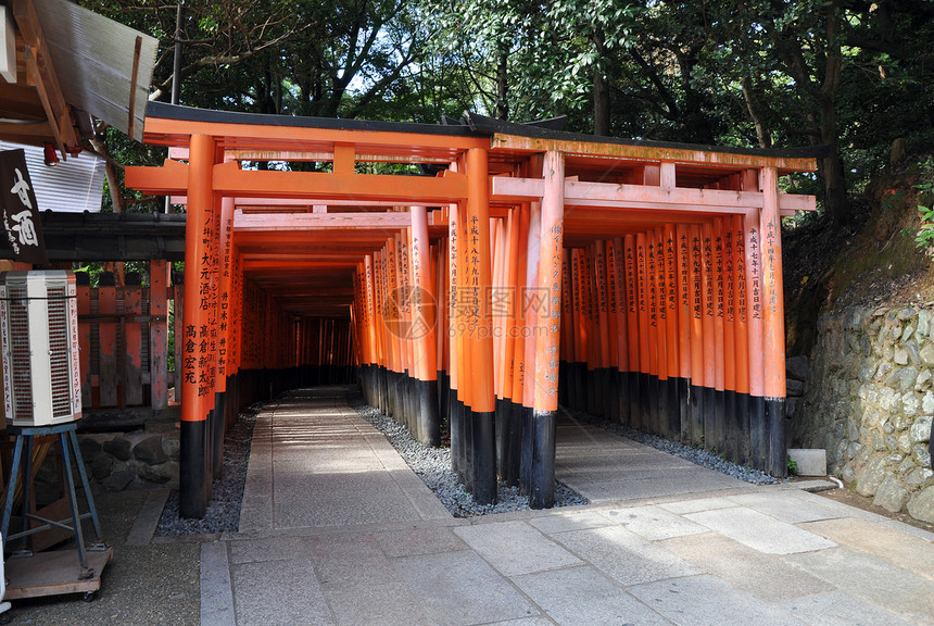 日本京都神社的Tori门旅游灯笼历史城市寺庙橙子神社神道游客隧道图片