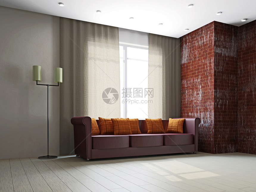 客厅的皮革沙发座位公寓椅子生活时尚软垫木板木头长沙发木地板图片