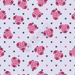 带玫瑰的无缝模式季节墙纸白色植物群粉色蓝色圆点背景图片