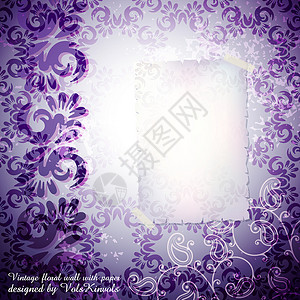 透明挂件素材复古花卉背景流动挂件紫色邀请函叶子古董墙纸螺旋磁带夹子插画