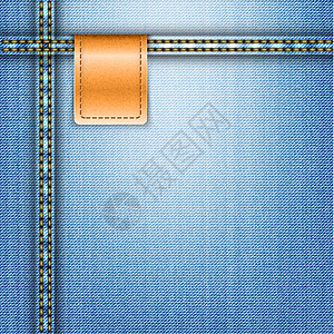 蓝色牛仔裤背景的棕色皮革标签店铺插图购物材料牛仔布框架中风接缝橙子织物背景图片