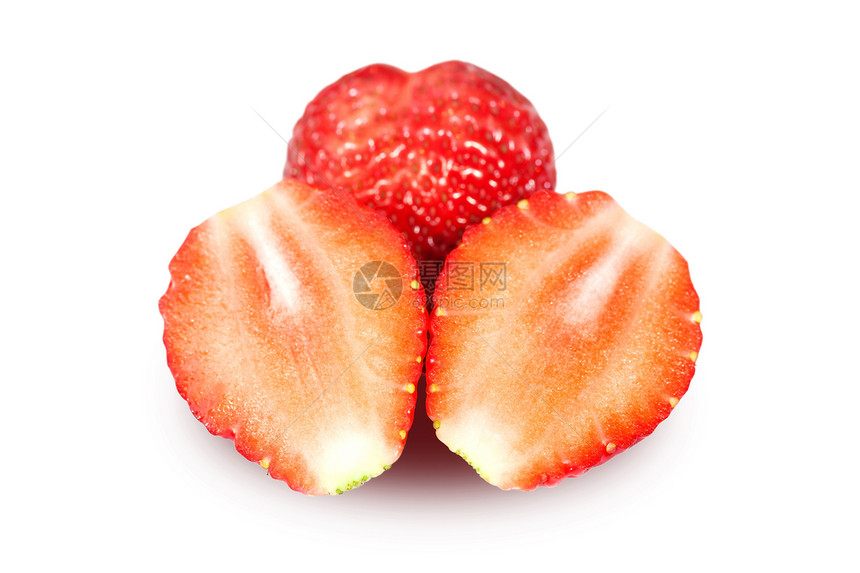 白色背景上孤立的草莓红色食物浆果叶子甜点种子活力宏观水果绿色图片