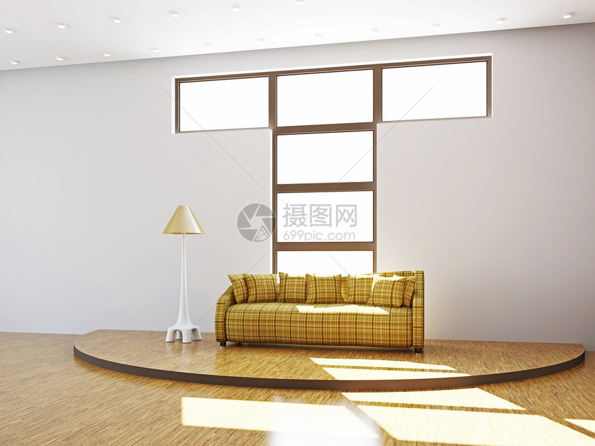 带沙发和一盏灯的客厅座位长椅房间公寓地面软垫工作室艺术阳光生活图片