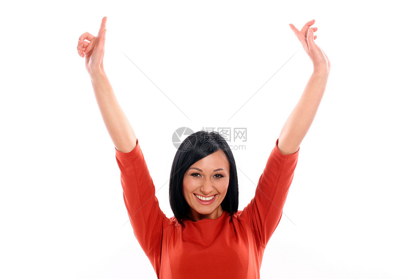 快乐的caucausian女人装扮发型白色青年女性头发微笑裙子女孩工作室红色图片