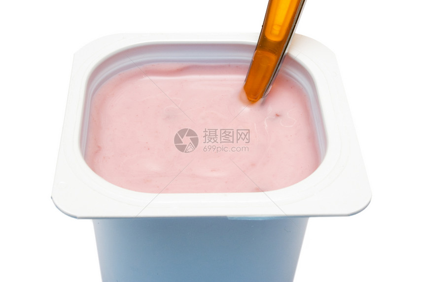 草莓酸奶味道塑料蓝色甜点杯子静物茶匙生活奶制品饮食图片