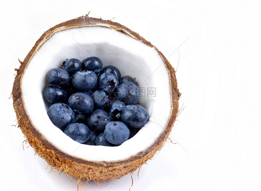 蓝莓和椰子宏观饮食食物营养养分圆形小吃团体浆果白色图片