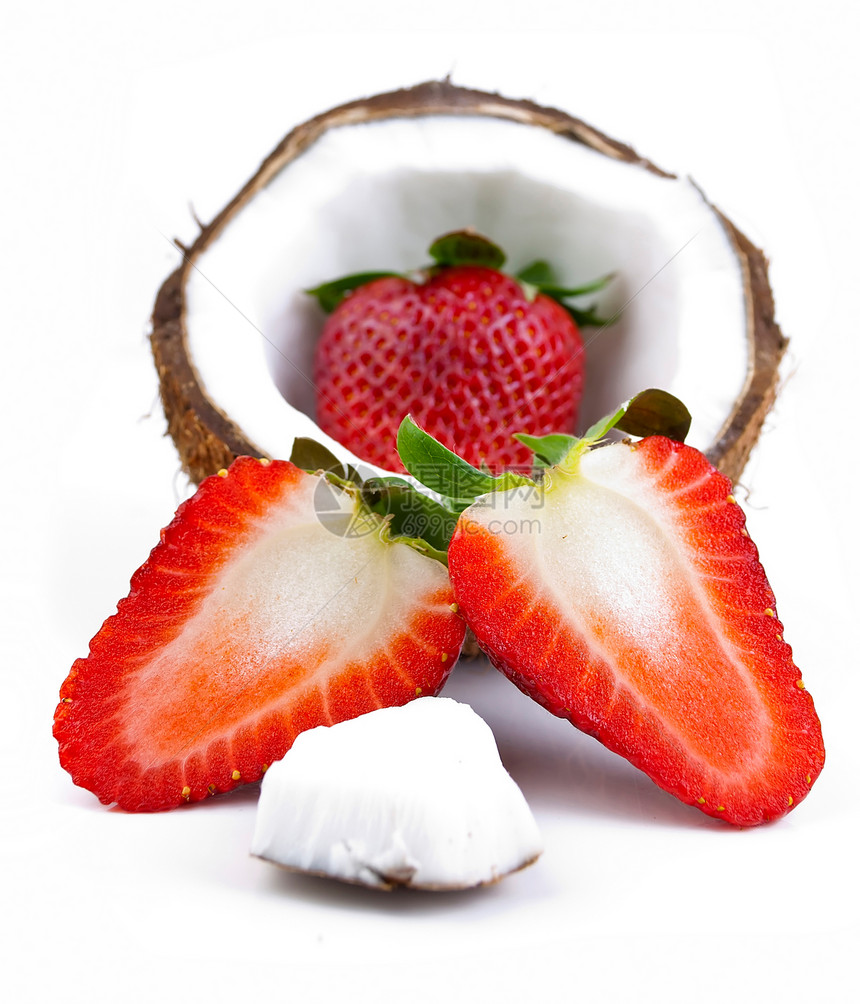 草莓和椰子水果甜点营养宏观浆果团体白色食物养分小吃图片